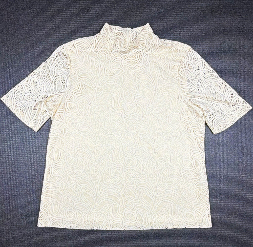 Chico’s Lace Mock Neck Top Womens Size 2 L English Cream Elbow Sleeve NWT